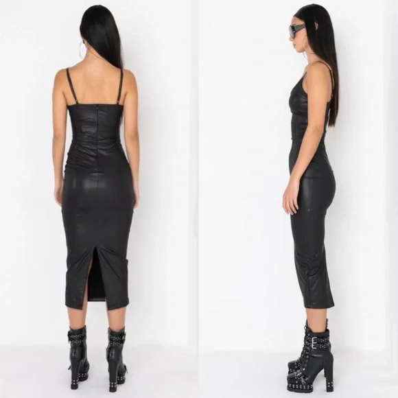 Black Longline Faux Leather Midi Dress - Picture 3 of 5